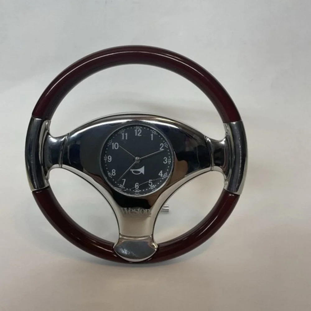 Vintage Weston Chrome and‎ Brown Steering Wheel Desk Clock 6